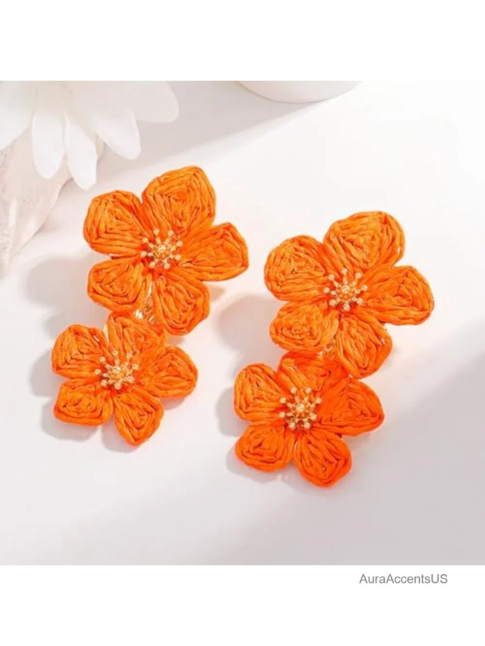 Handwoven Raffia Drop Earrings Boho Flower Dangle Statement Jewelry